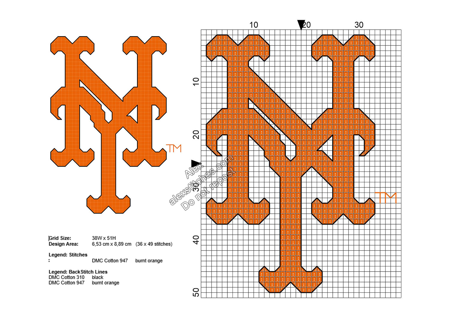 MLB New York Mets logo free cross stitch pattern 36x49