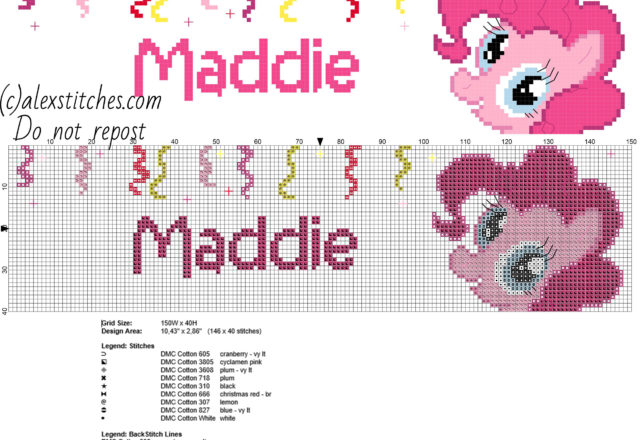Maddie cross stitch baby name with Pinkie Pie My Little Pony