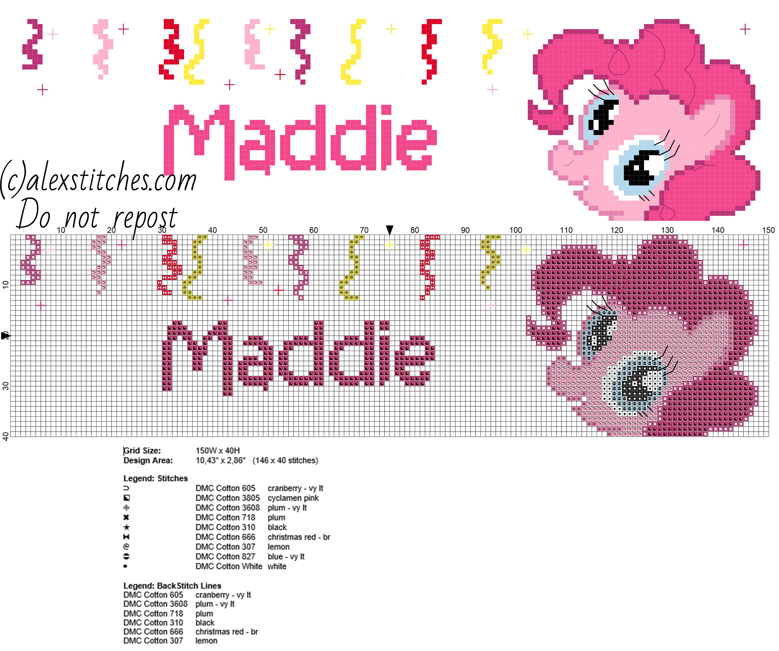 Maddie cross stitch baby name with Pinkie Pie My Little Pony