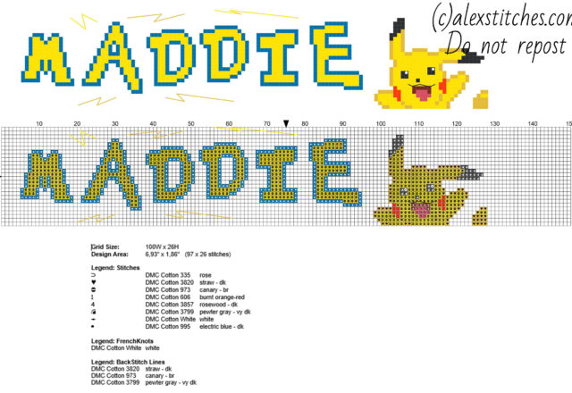 Maddie cross stitch baby name with Pokemon Pikachu free download