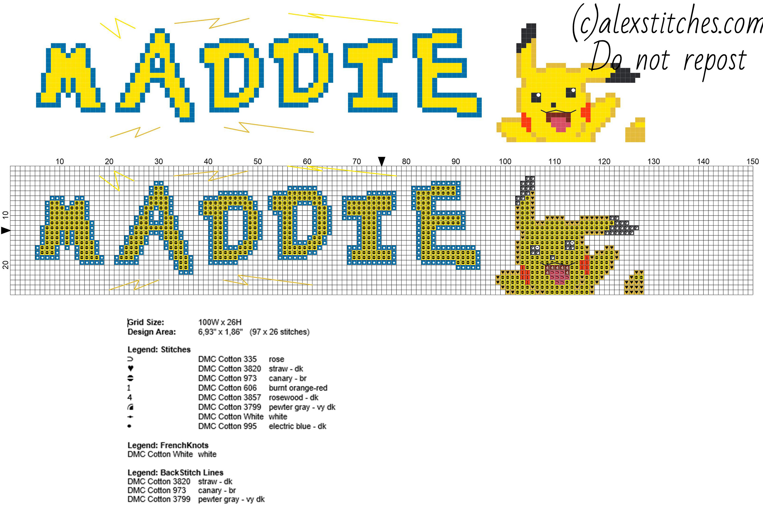 Maddie cross stitch baby name with Pokemon Pikachu free download