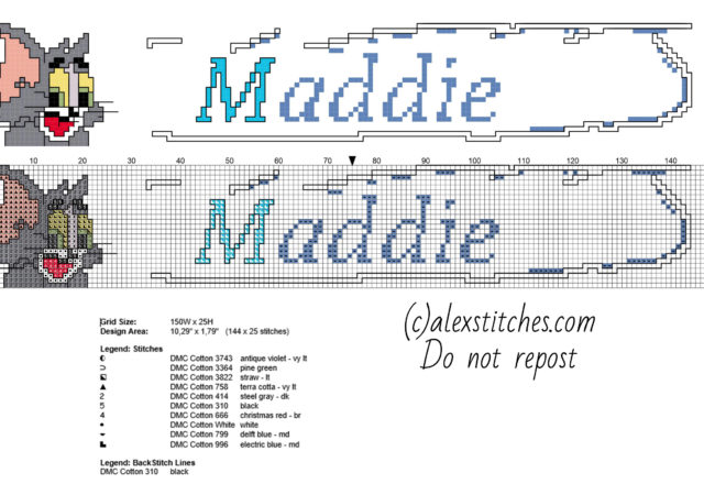 Maddie cross stitch baby name with Tom The Cat