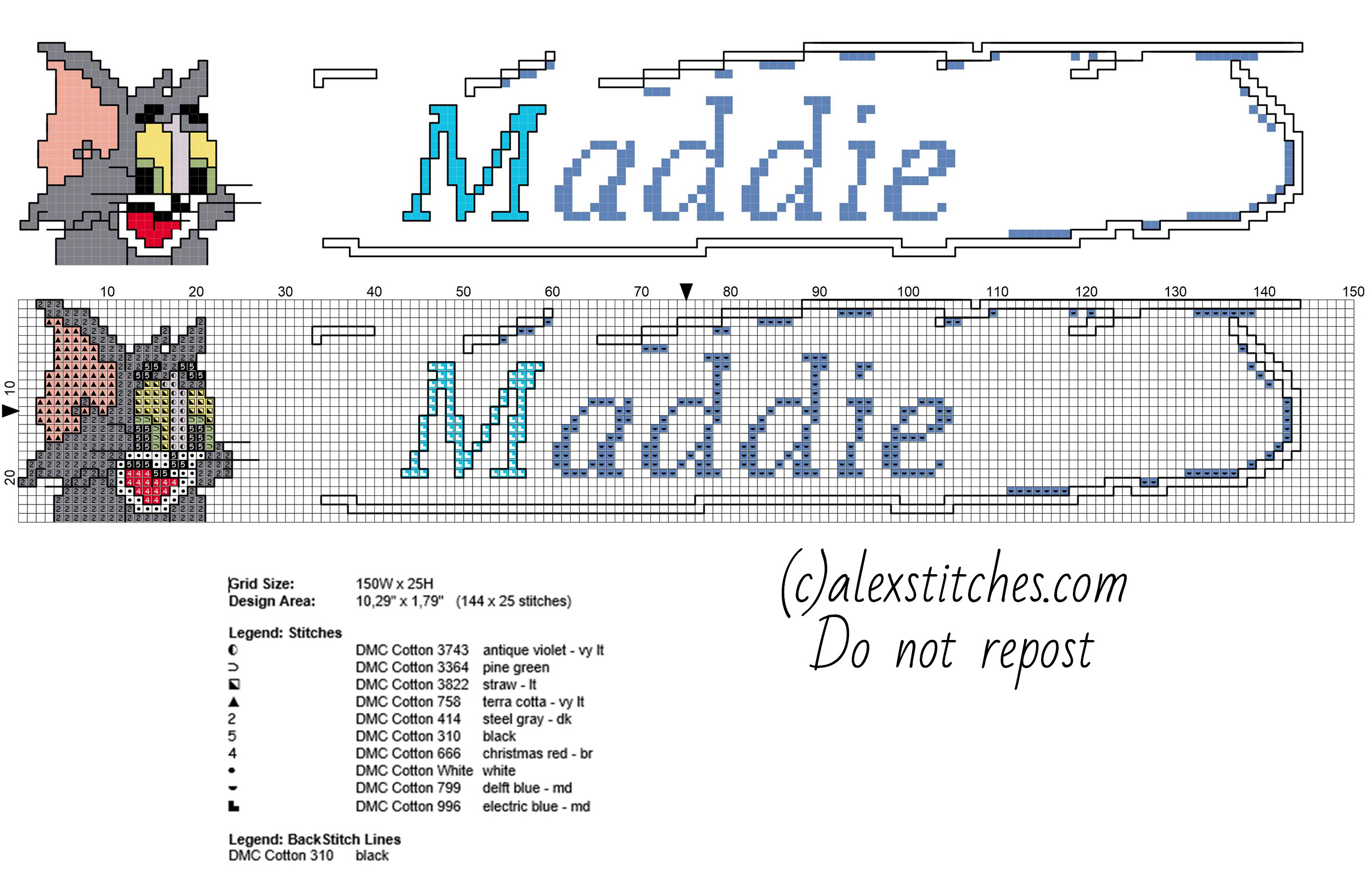 Maddie cross stitch baby name with Tom The Cat