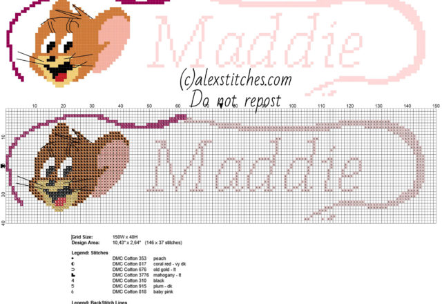 Maddie cross stitch name with Jerry The Mouse