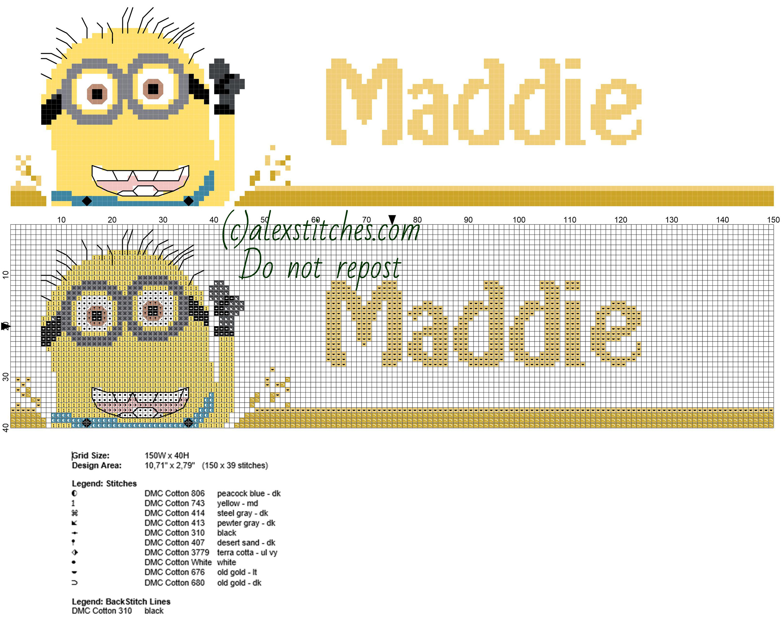 Maddie cross stitch name with Minion from Despicable Me