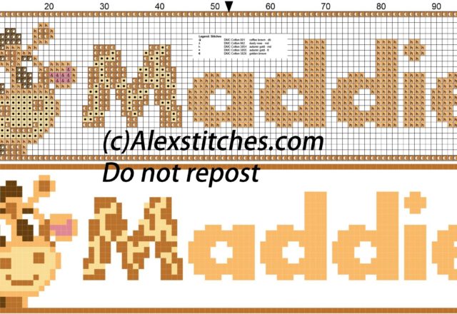 Maddie name with giraffe cross stitch pattern