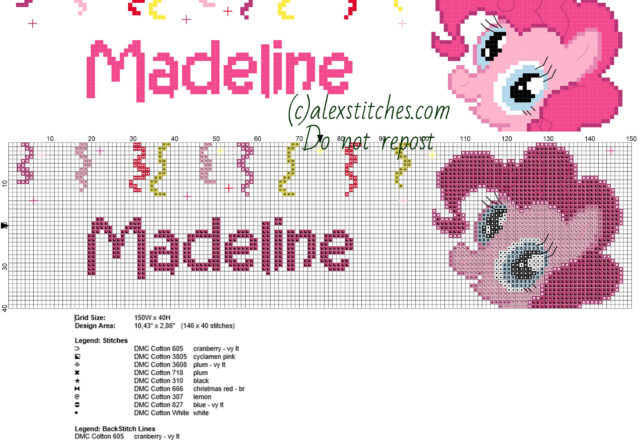 Madeline cross stitch name with My Little Pony Pinkie Pie free download