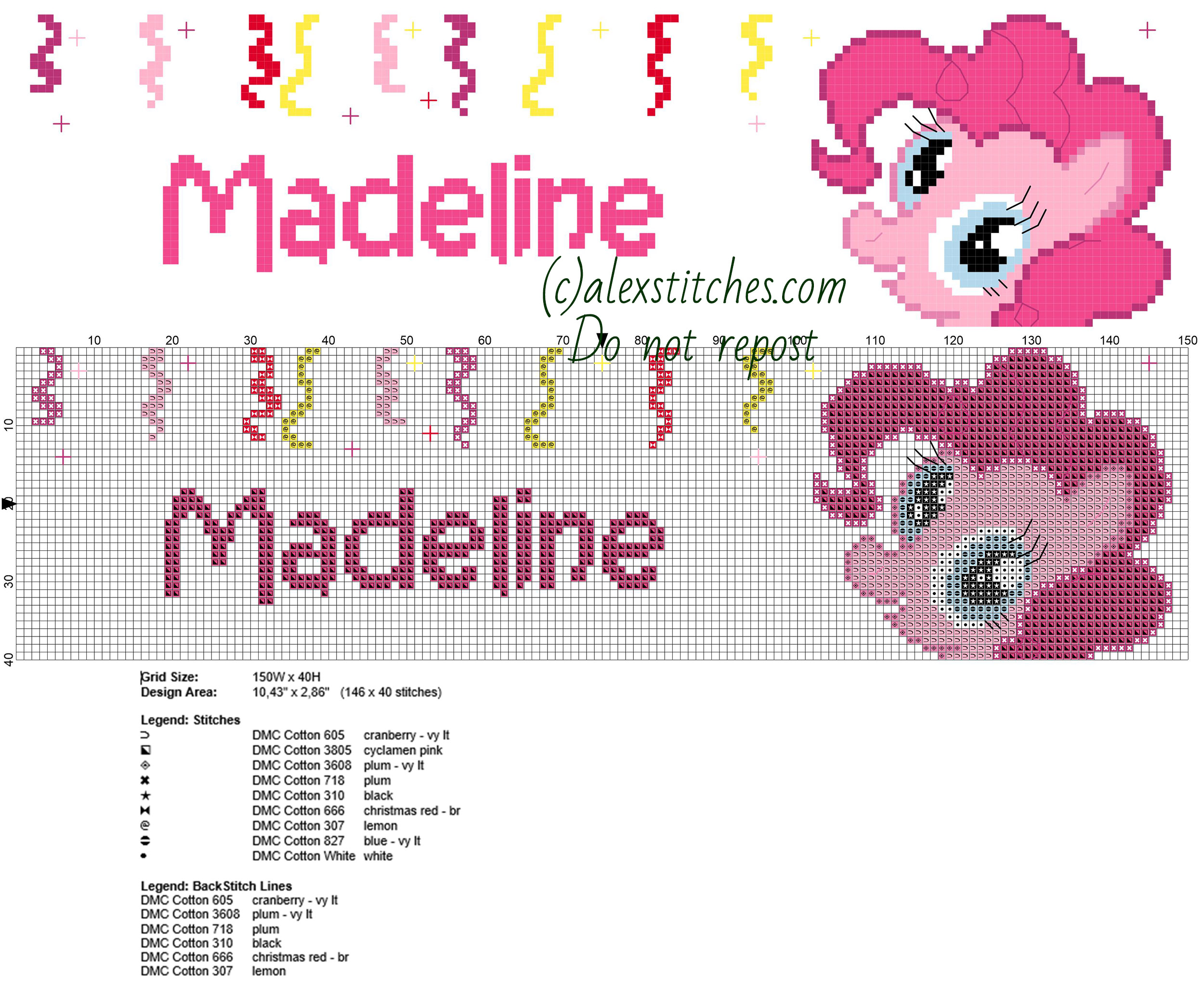 Madeline cross stitch name with My Little Pony Pinkie Pie free download