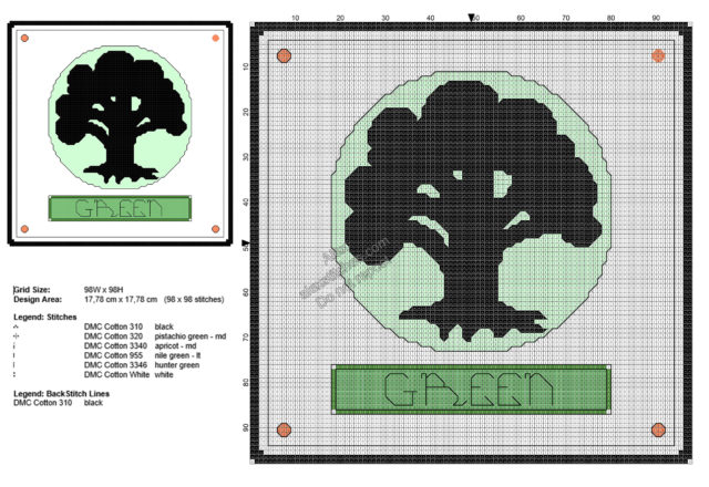 Magic The Gathering green mana symbol free cross stitch pattern 98x98