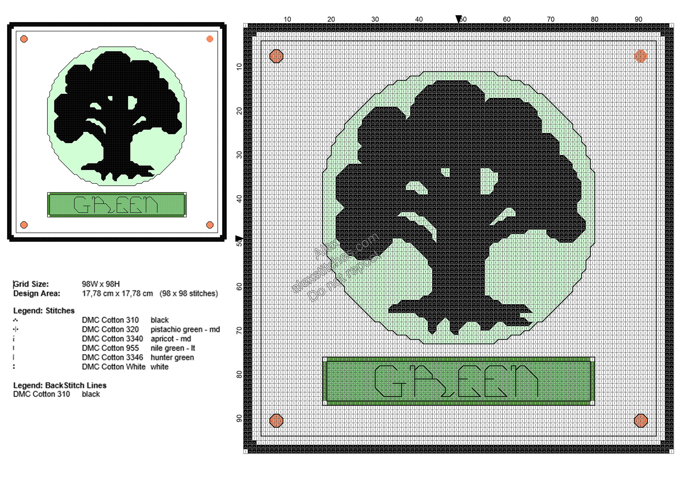 Magic The Gathering green mana symbol free cross stitch pattern 98x98