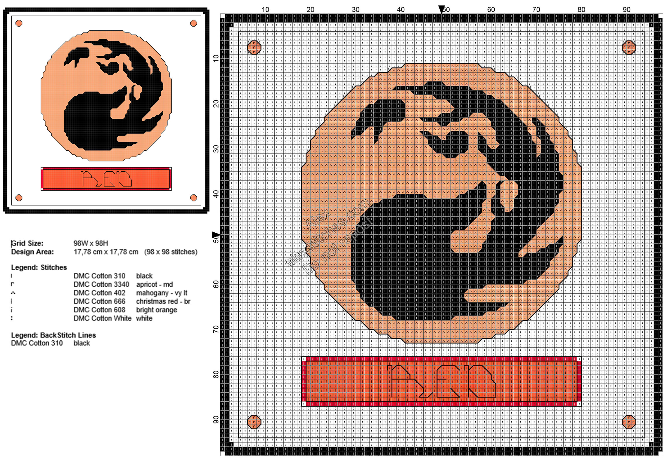 Magic The Gathering red mana symbol free cross stitch pattern 98x98