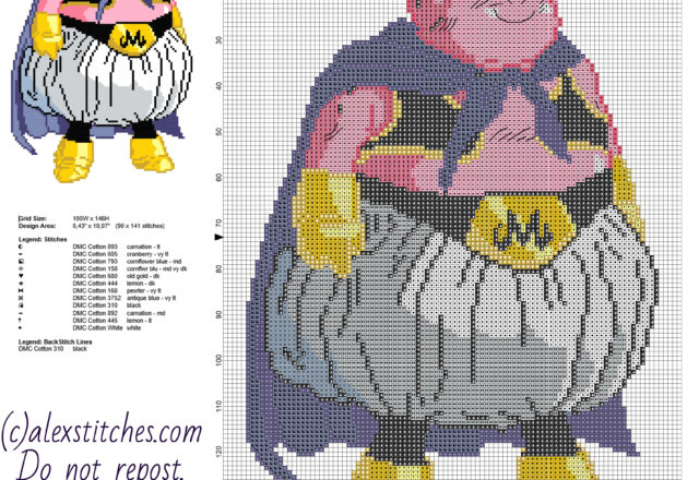Majin Boo Dragon Ball cartoon character free cross stitch pattern 90 x 141 stitches 12 DMC colors