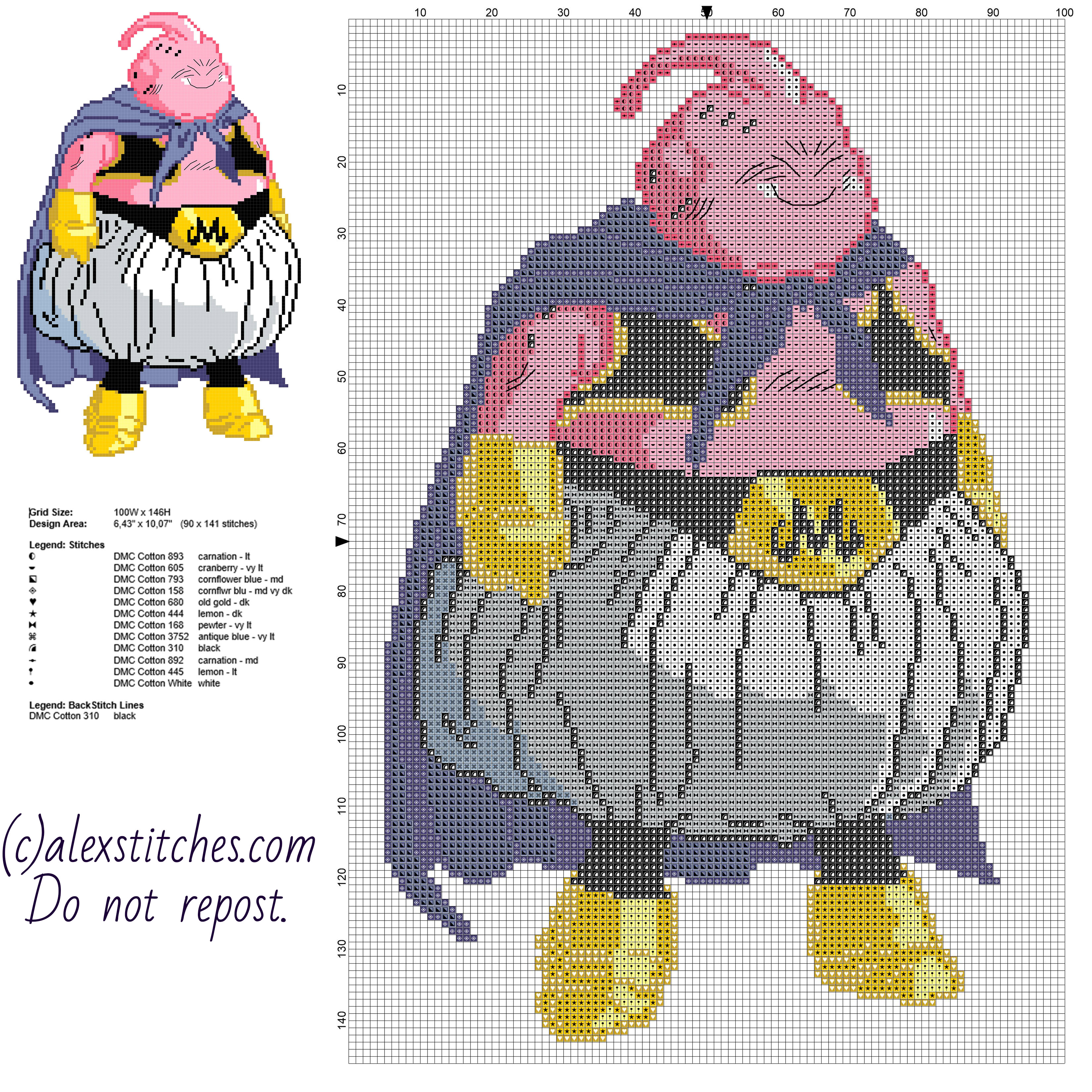 Majin Boo Dragon Ball cartoon character free cross stitch pattern 90 x 141 stitches 12 DMC colors