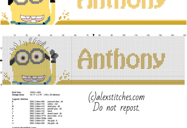 Male name Anthony with Minion from cartoon movie Despicable Me cross stitch pattern