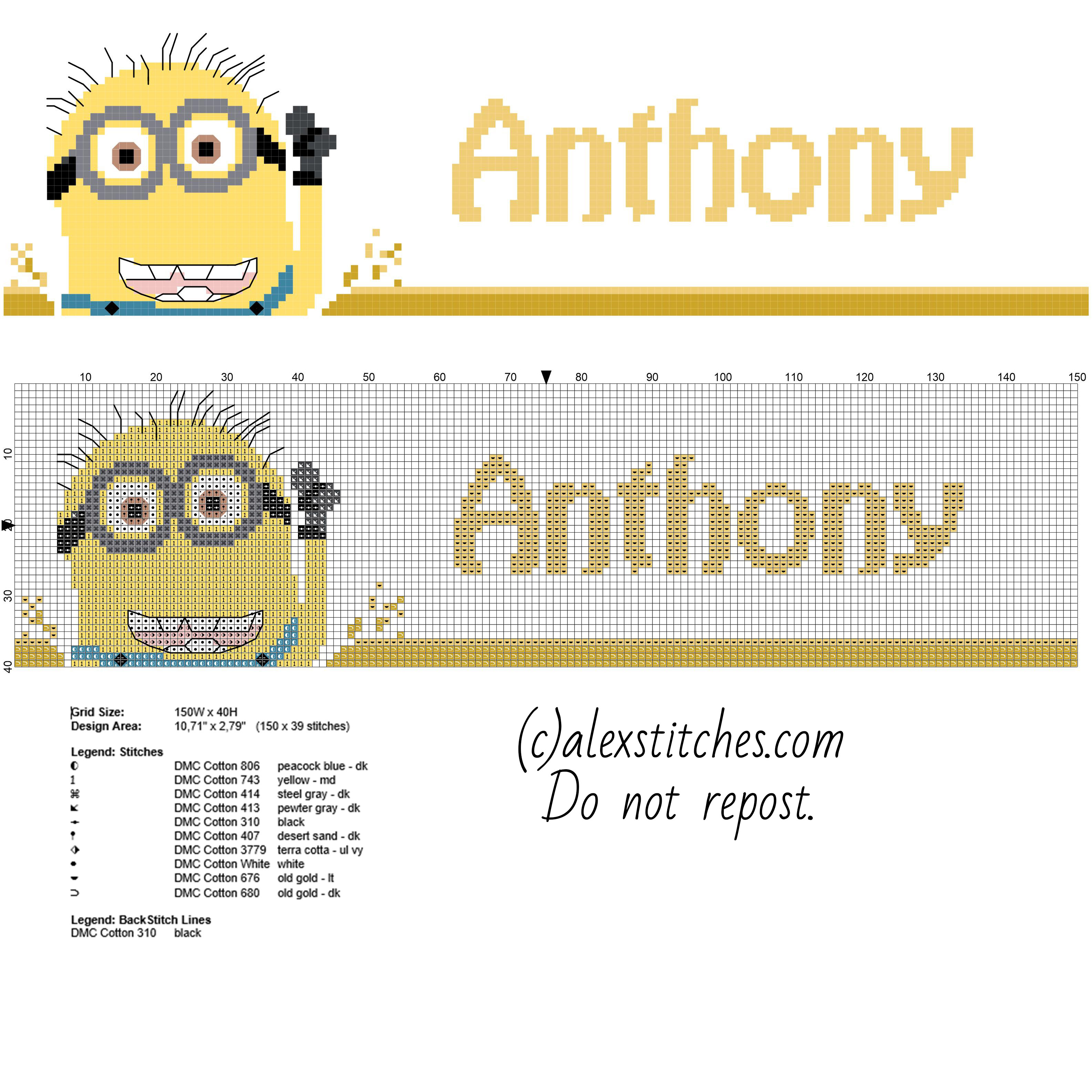 Male name Anthony with Minion from cartoon movie Despicable Me cross stitch pattern