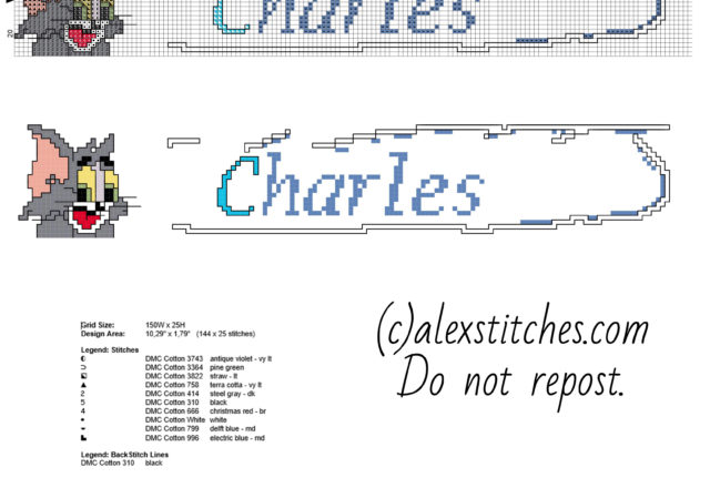 Male name Charles with Tom cat from Tom and Jerry free cross stitch pattern