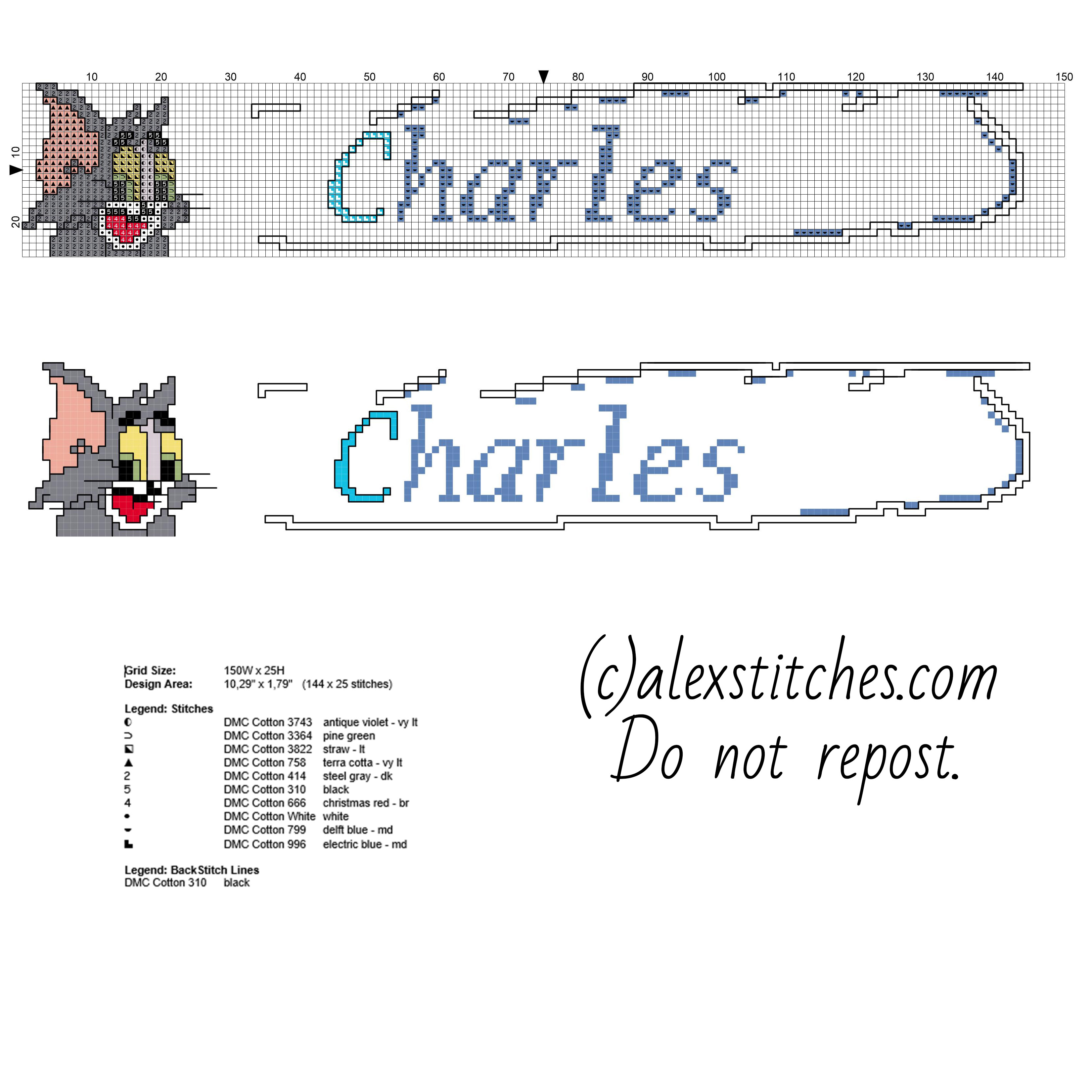 Male name Charles with Tom cat from Tom and Jerry free cross stitch pattern