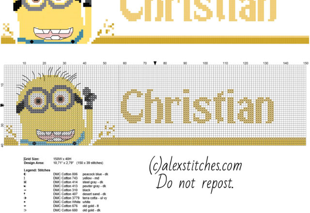 Male name Christian with Minion character from Despicable Me cross stitch patterns