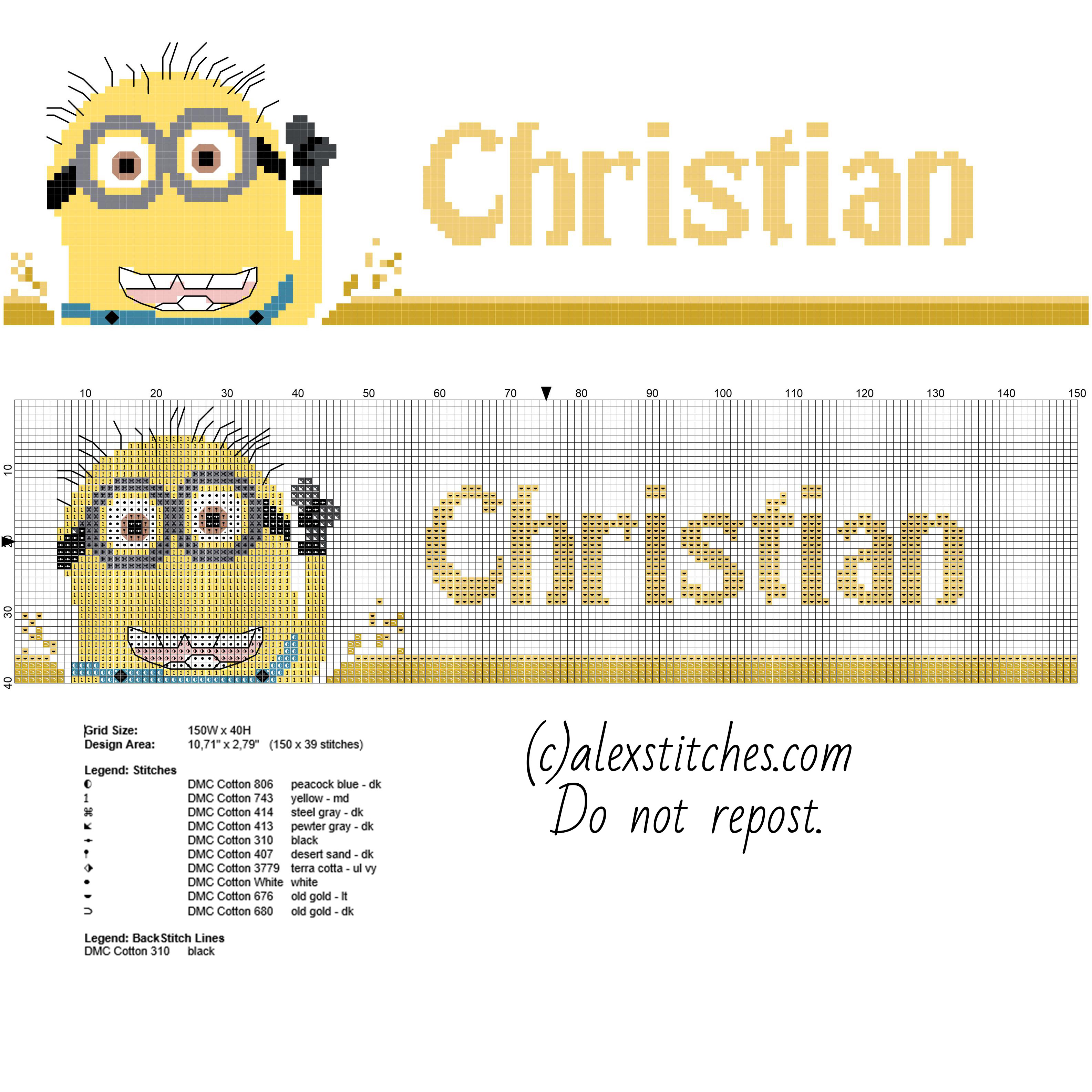 Male name Christian with Minion character from Despicable Me cross stitch patterns