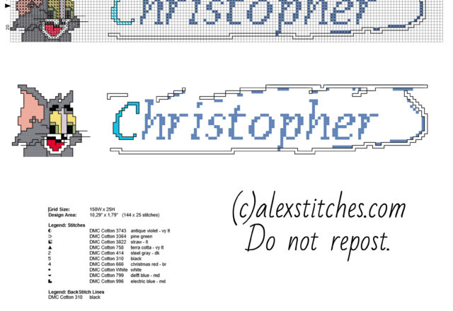 Male name Christopher with Tom cat face free cross stitch pattern baby bibs idea