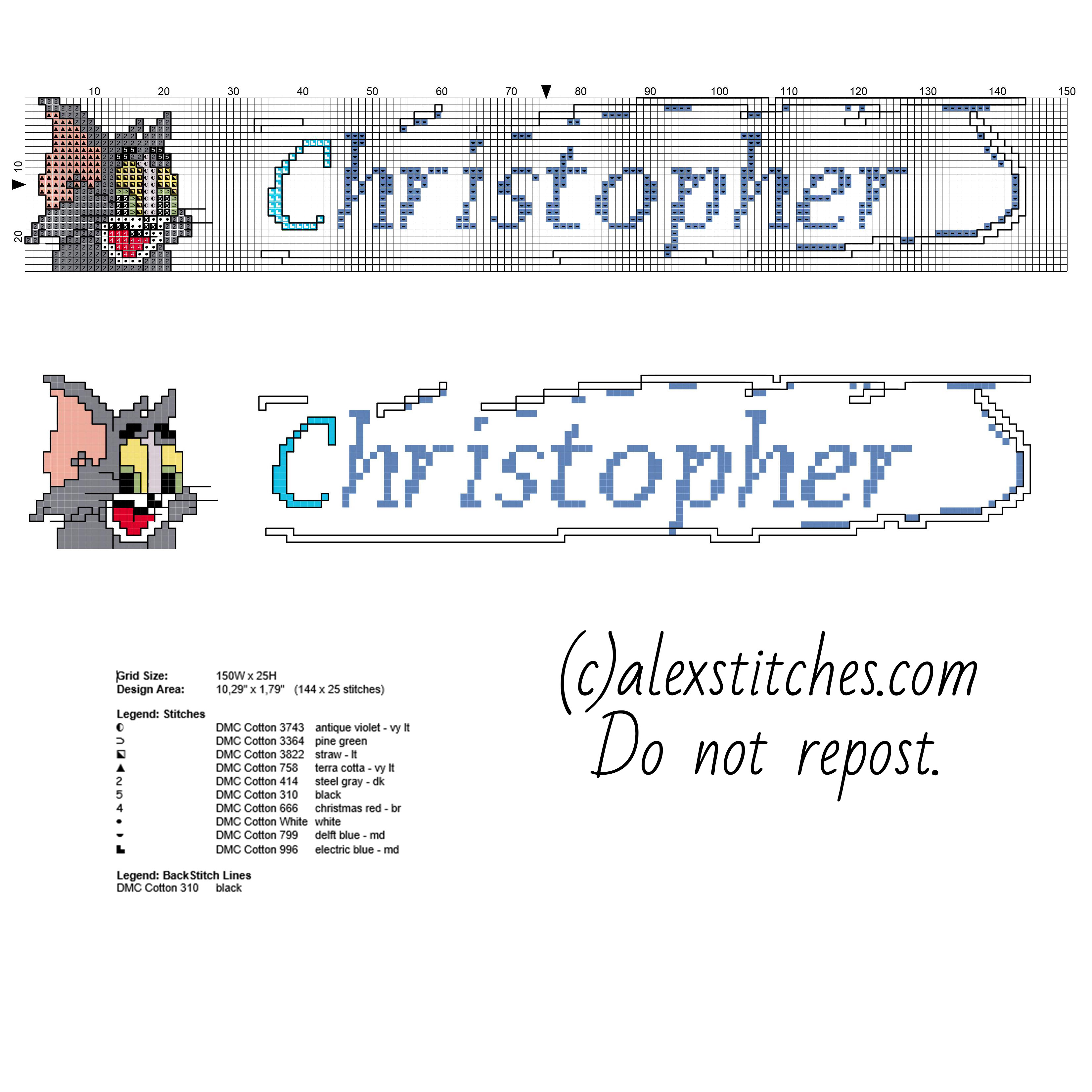 Male name Christopher with Tom cat face free cross stitch pattern baby bibs idea