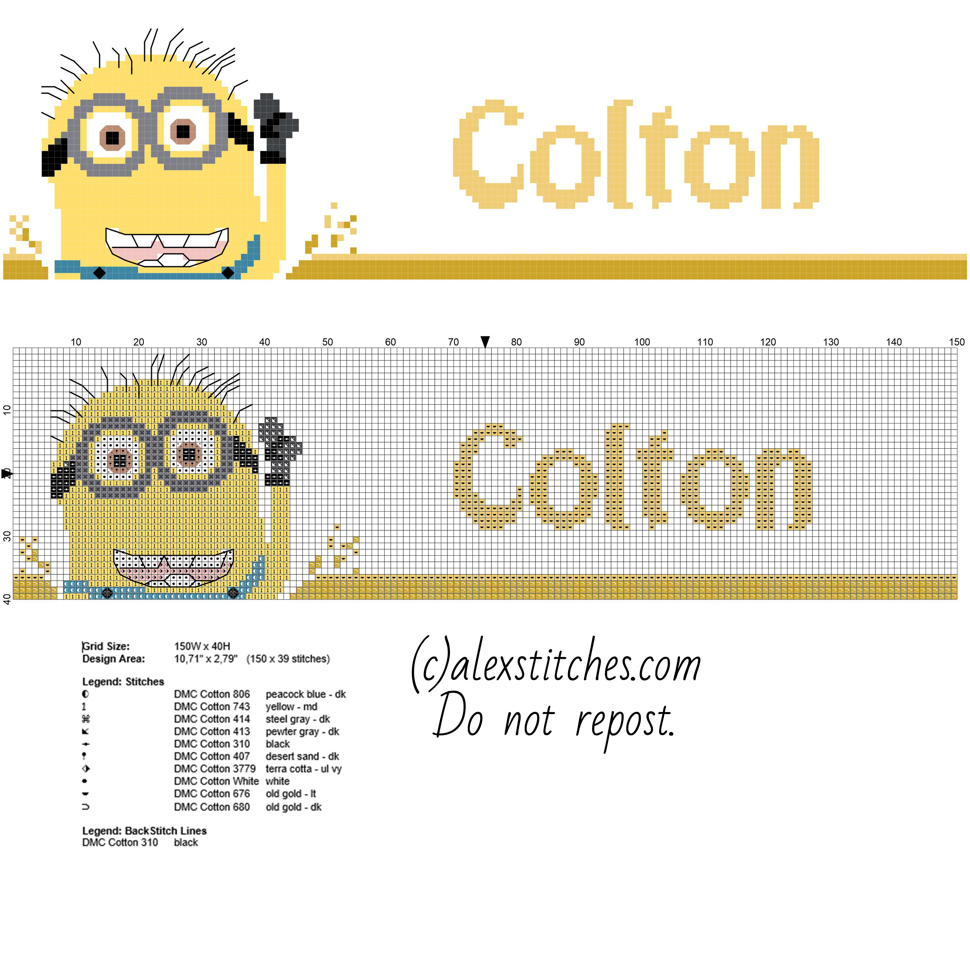 Male name Colton with Despicable Me Minion character free cross stitch patterns