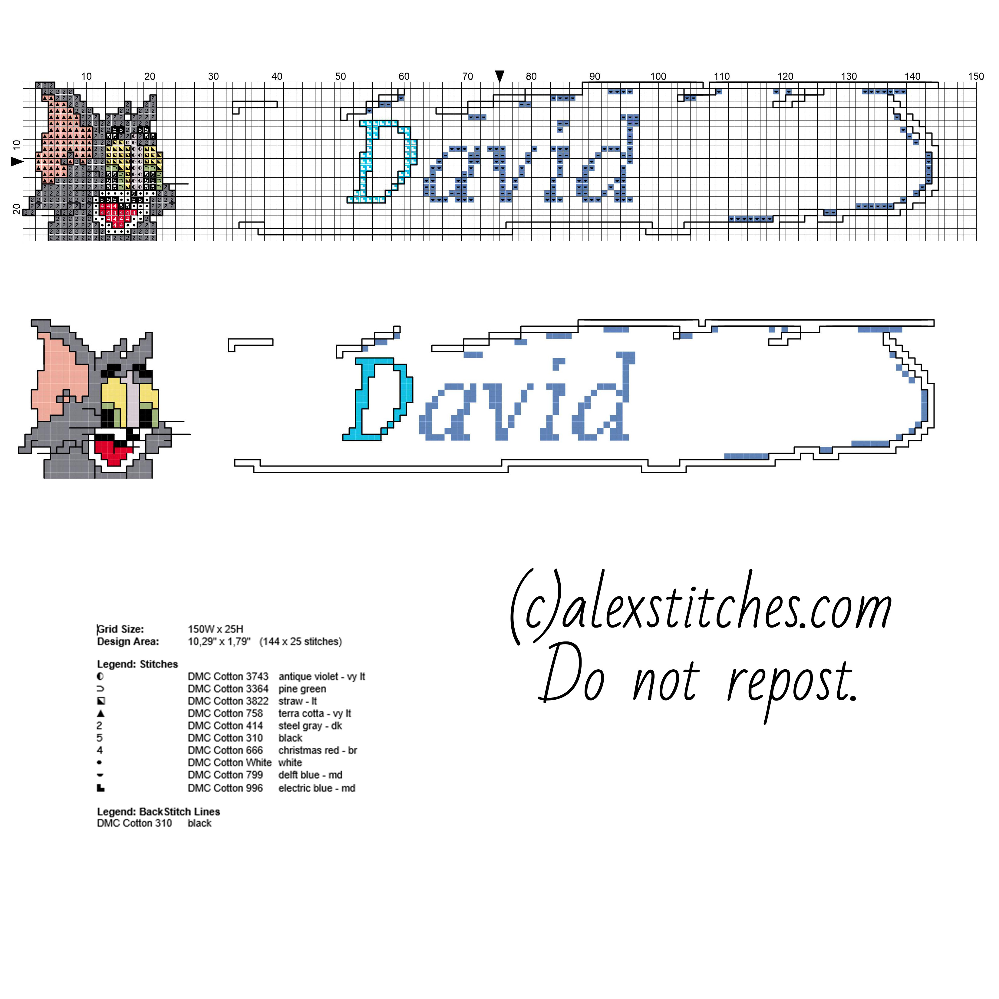 Male name David with Tom the cat cross stitch pattern baby bibs idea