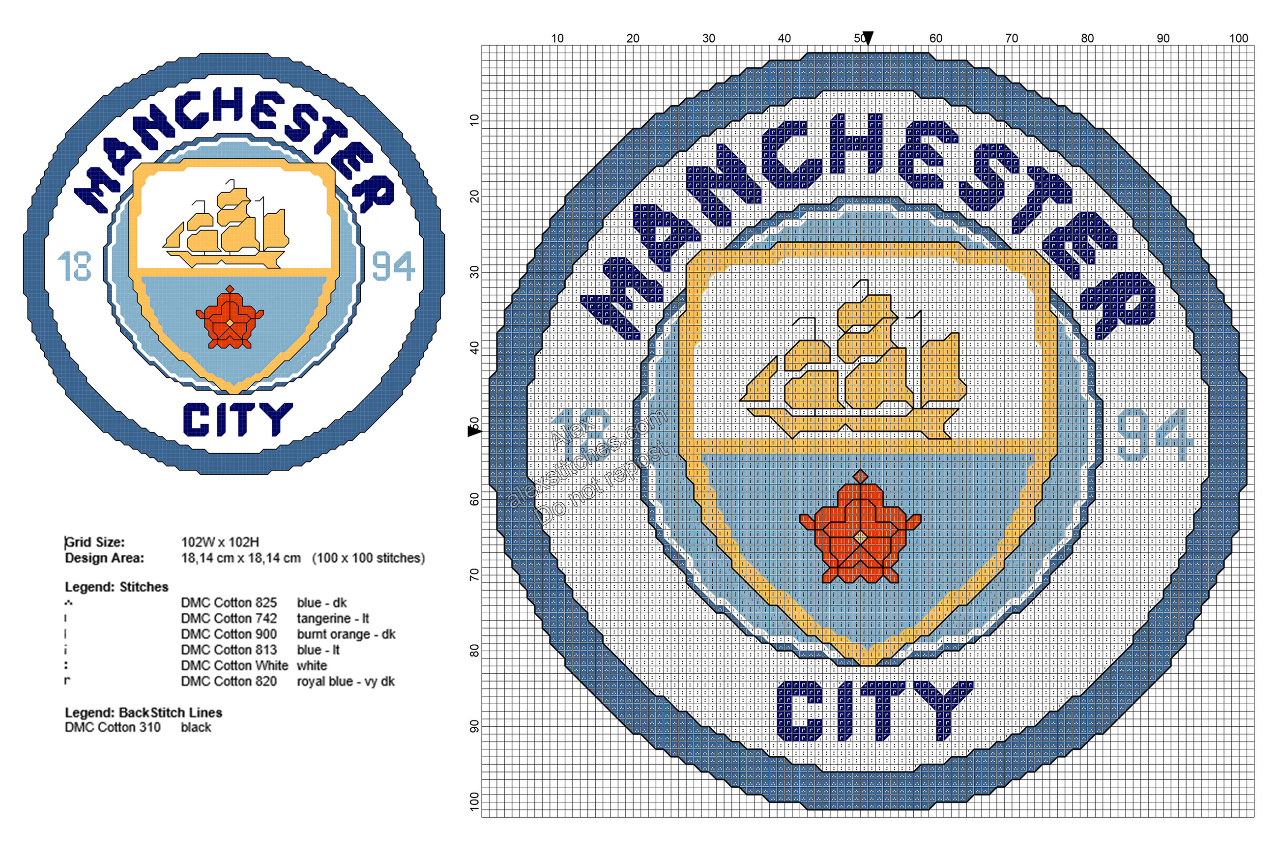 Manchester City badge free soccer cross stitch patterns 100x100