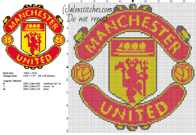 Manchester United soccer team logo free cross stitch pattern