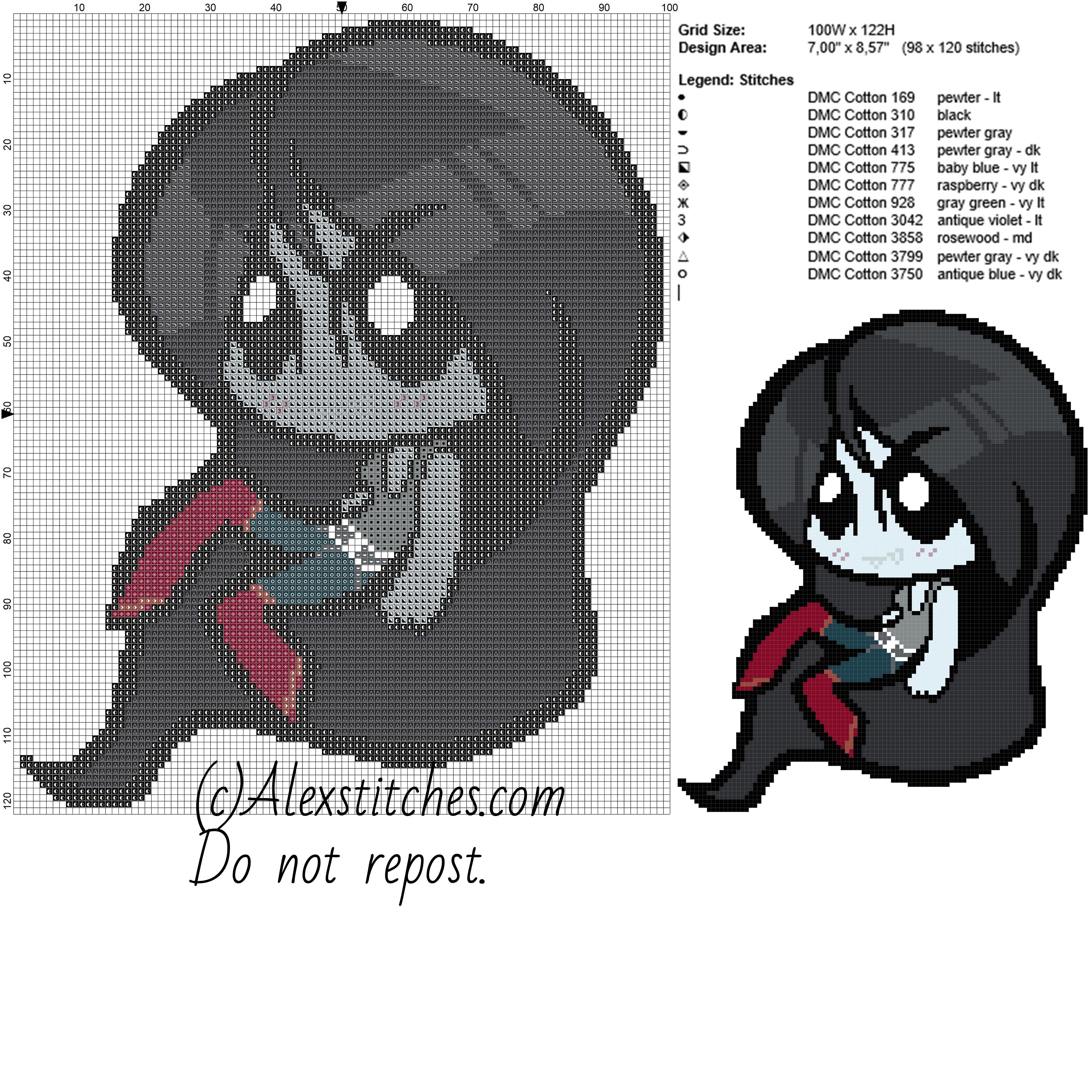 Marceline Adventure Time cartoon cross stitch pattern 100x122 11 colors