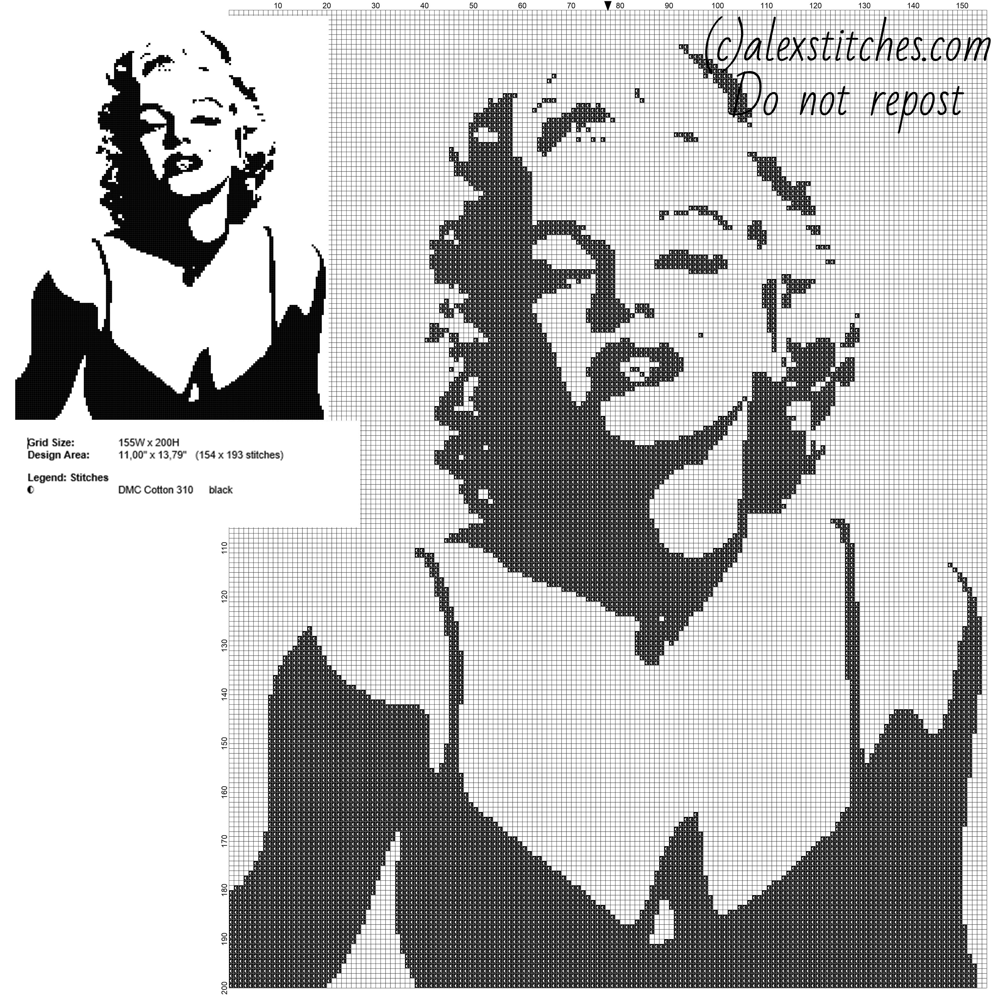 Marilyn Monroe black and white monochrome free cross stitch pattern