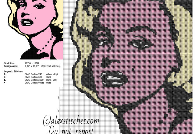 Marilyn Monroe pop art color free cross stitch pattern 99 x 150 4 DMC threads