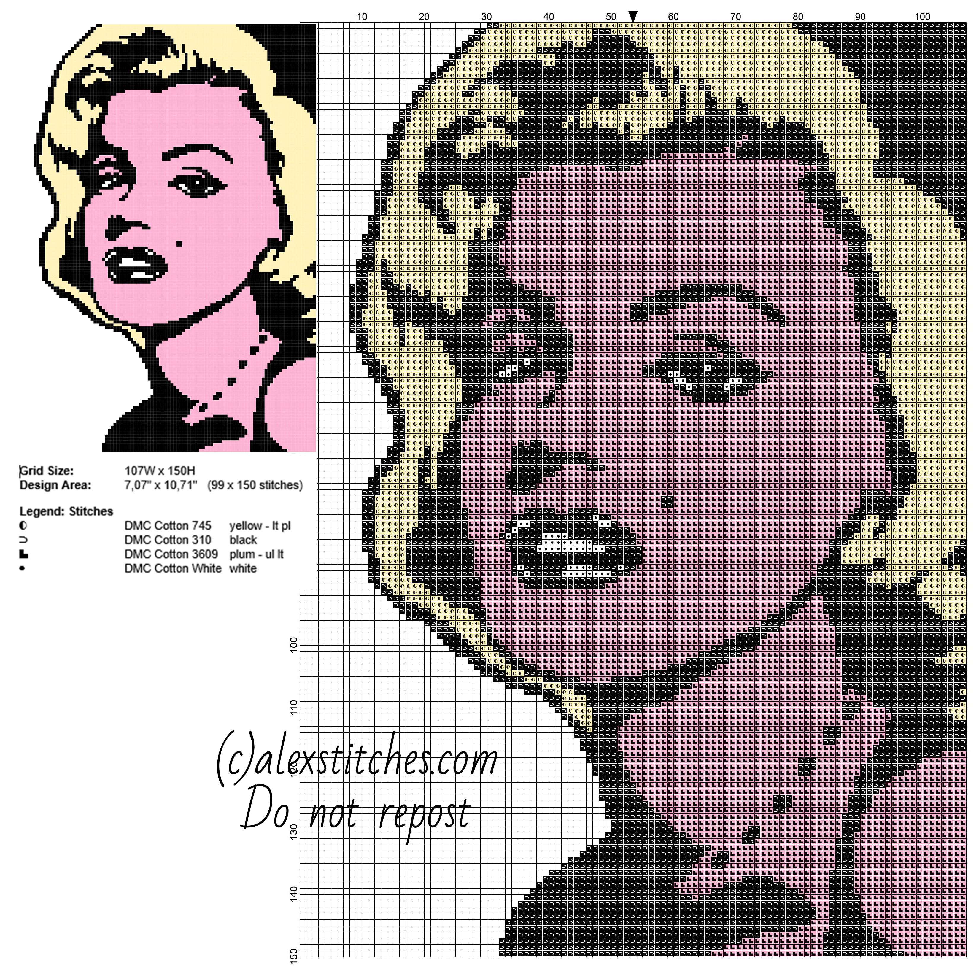 Marilyn Monroe pop art color free cross stitch pattern 99 x 150 4 DMC threads
