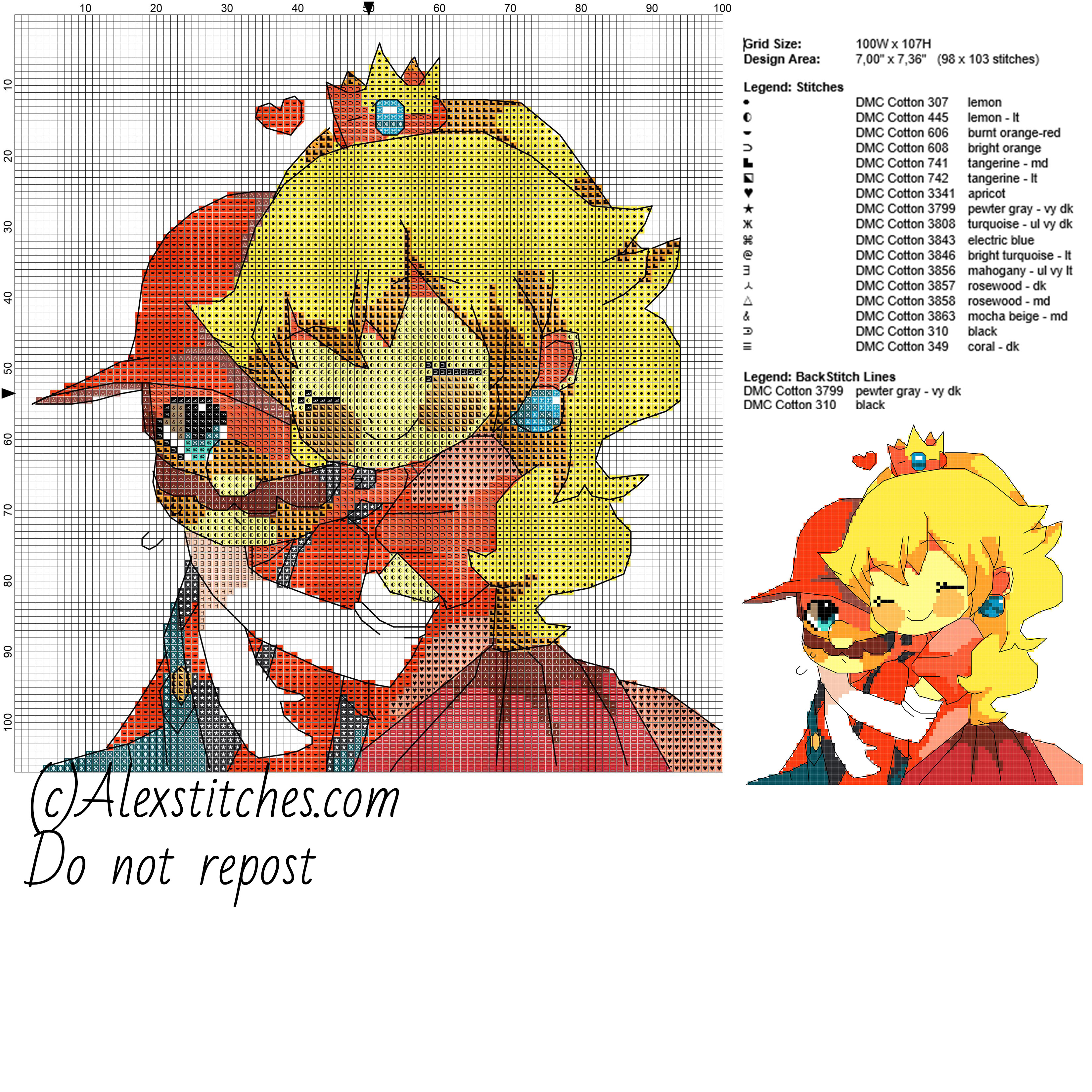 Mario and Peach videogames free cross stitch pattern 100x107 17 colors