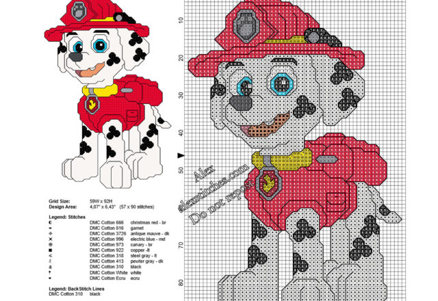 Marshall Paw Patrol free small cross stitch pattern 57 x 90 stitches