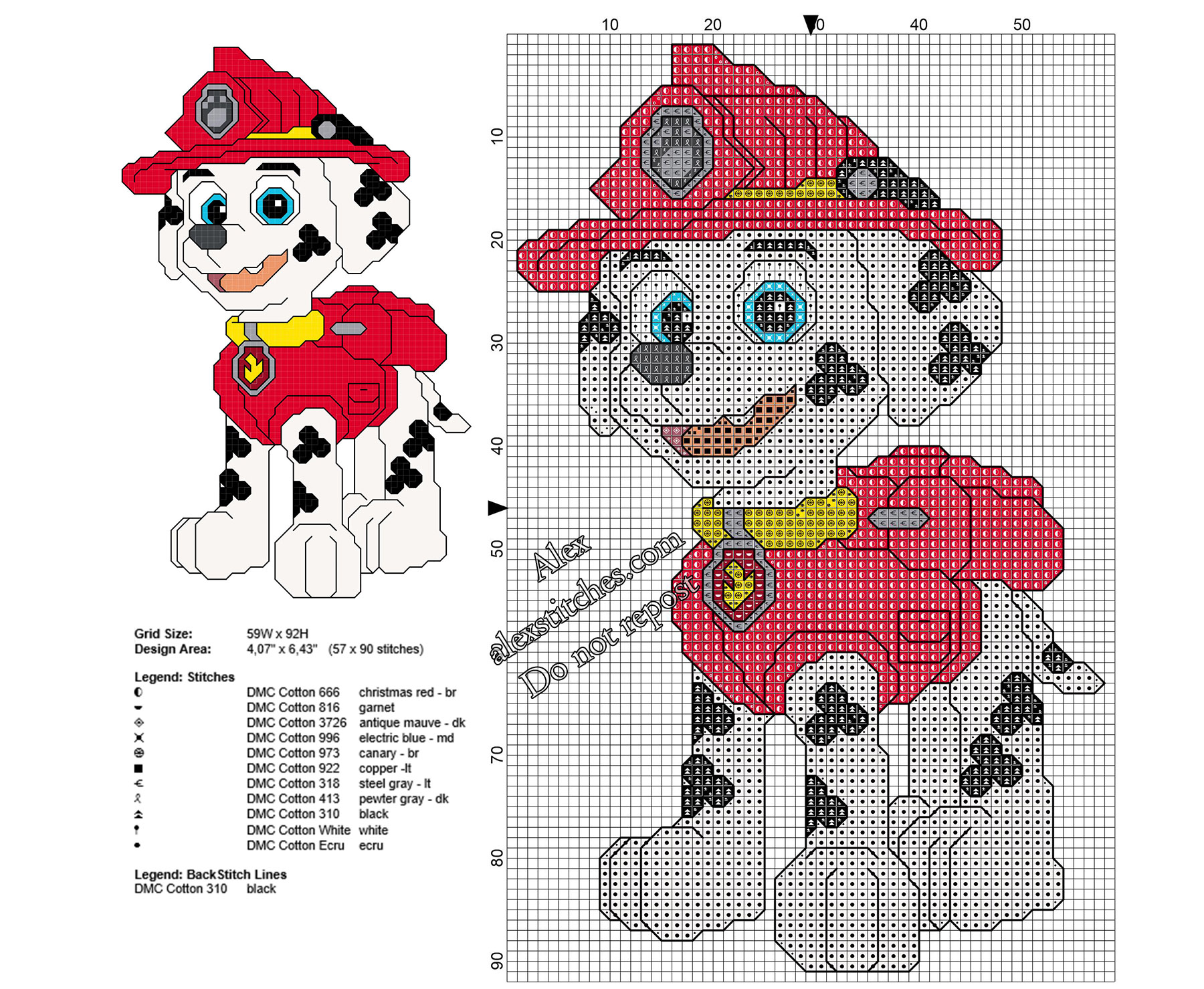 Marshall Paw Patrol free small cross stitch pattern 57 x 90 stitches