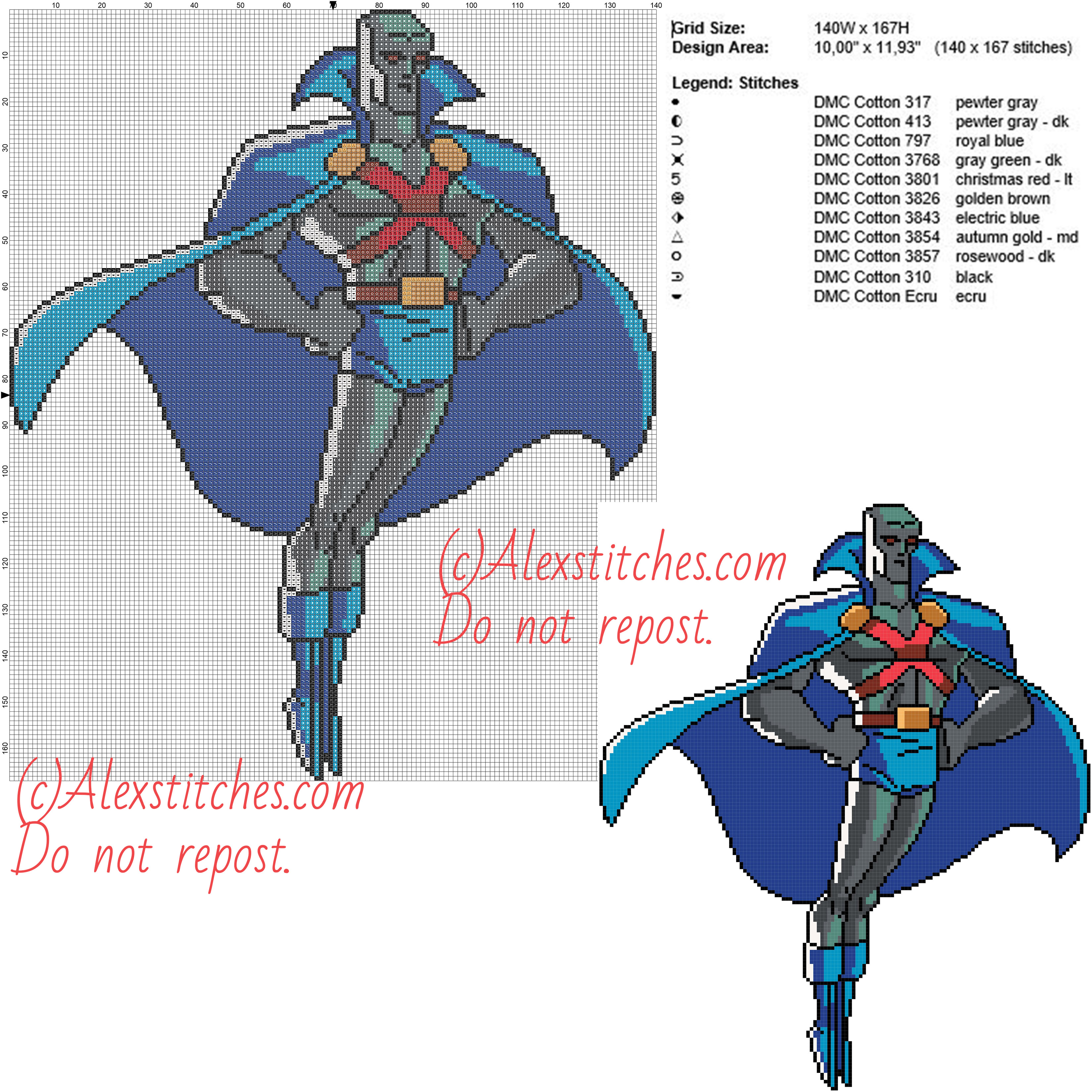 Martian Manhunter free cross stitch pattern 140x167 11 colors