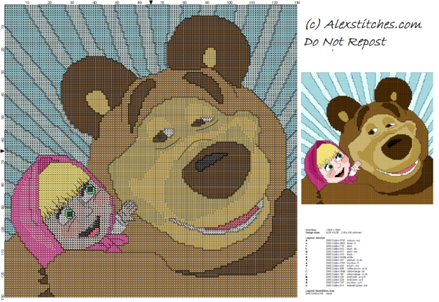 Masha and the Bear embraced children free cross stitch pattern