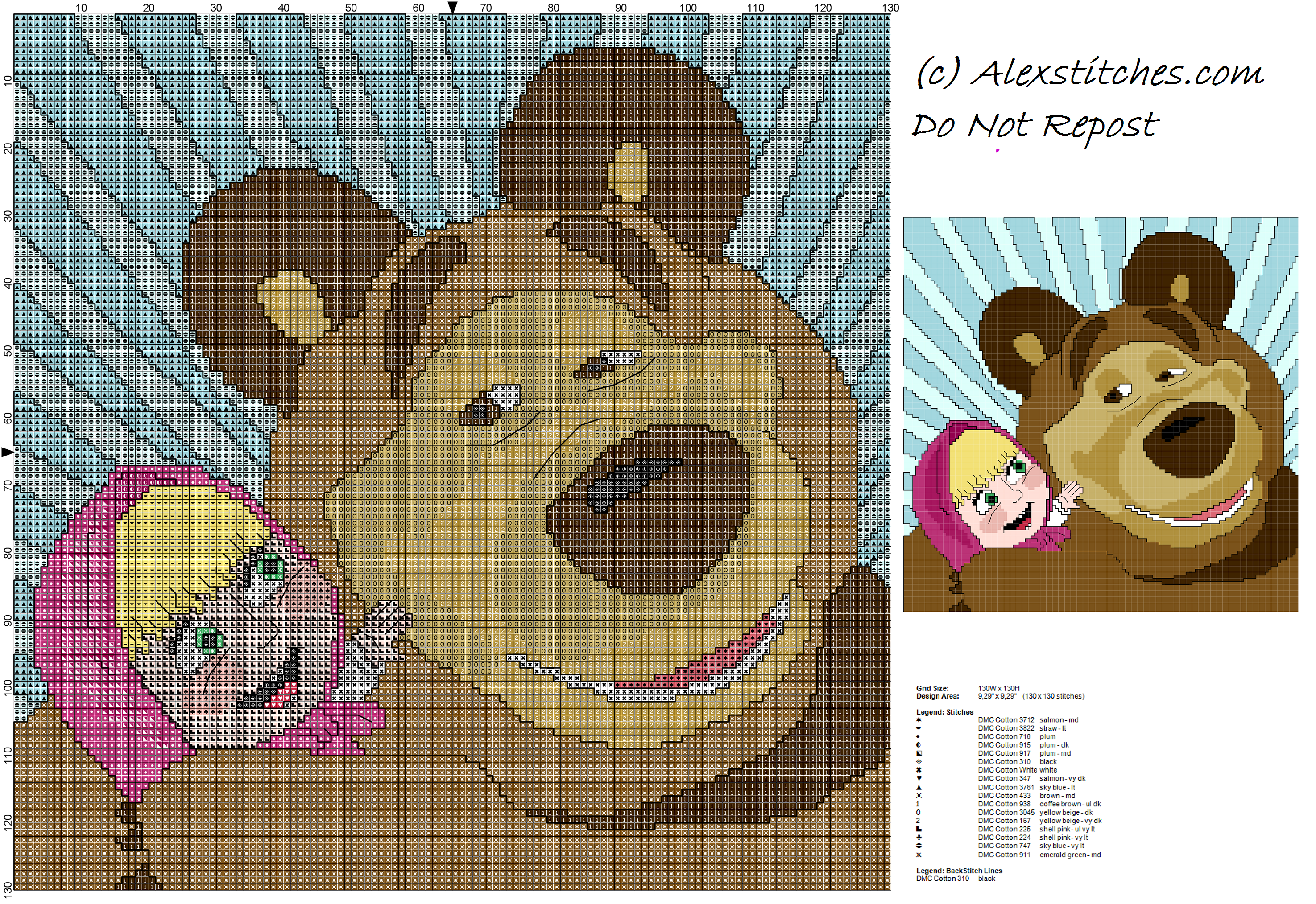 Masha and the Bear embraced children free cross stitch pattern