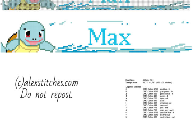 Max baby male name with Pokemon Squirtle free cross stitch pattern