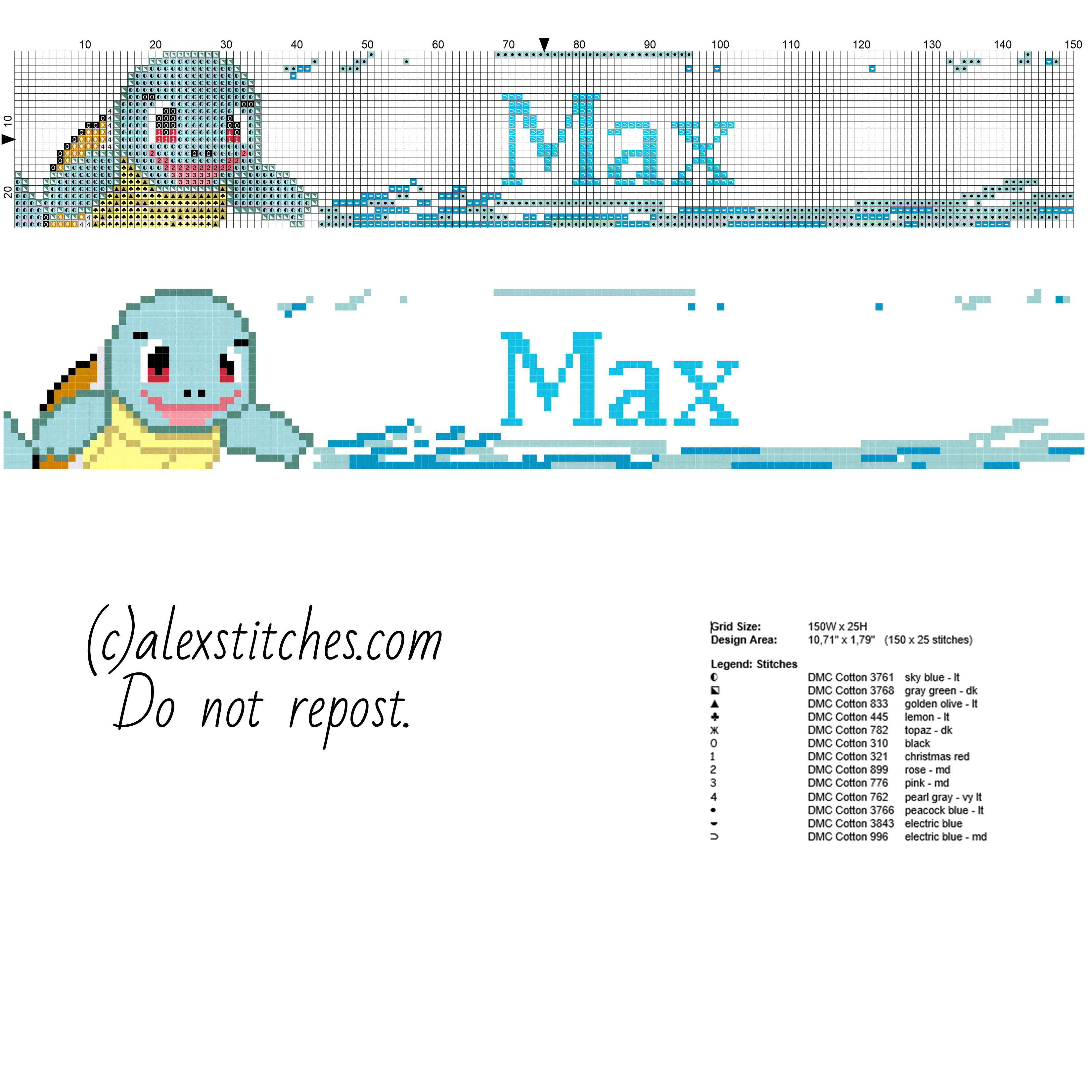 Max baby male name with Pokemon Squirtle free cross stitch pattern
