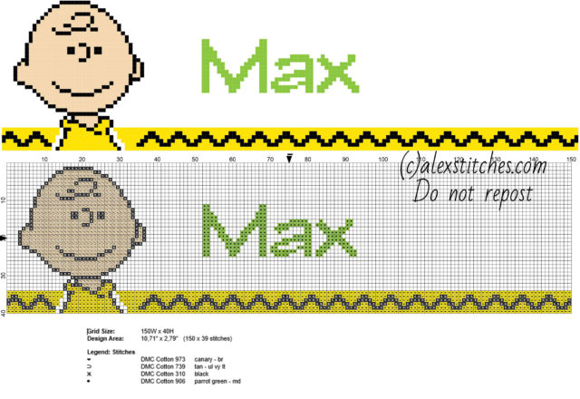 Max cross stitch baby male name with Peanuts cartoons Charlie Brown