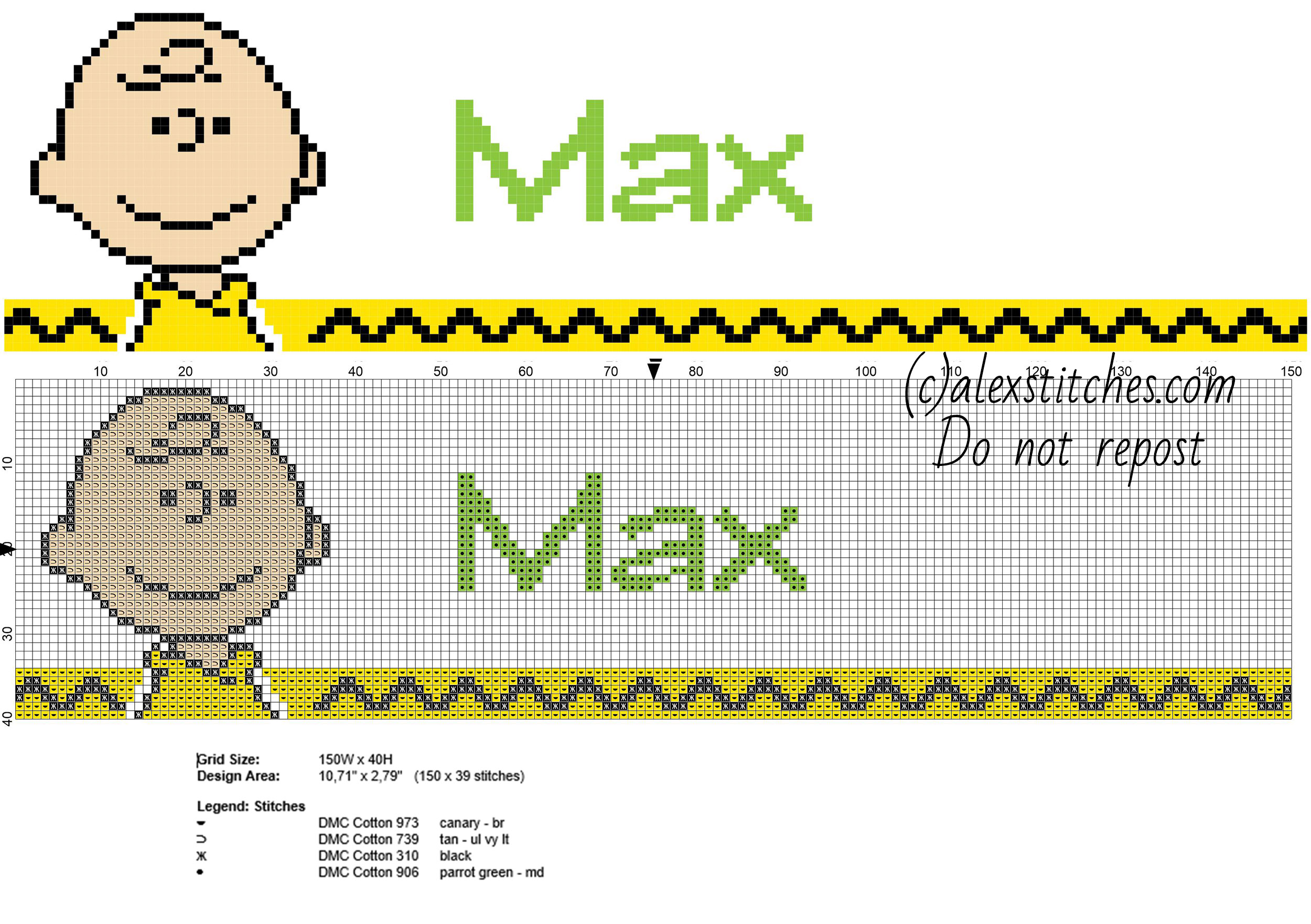 Max cross stitch baby male name with Peanuts cartoons Charlie Brown