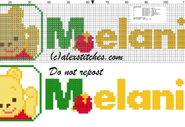 Melanie name with Baby winnie the pooh free cross stitches pattern