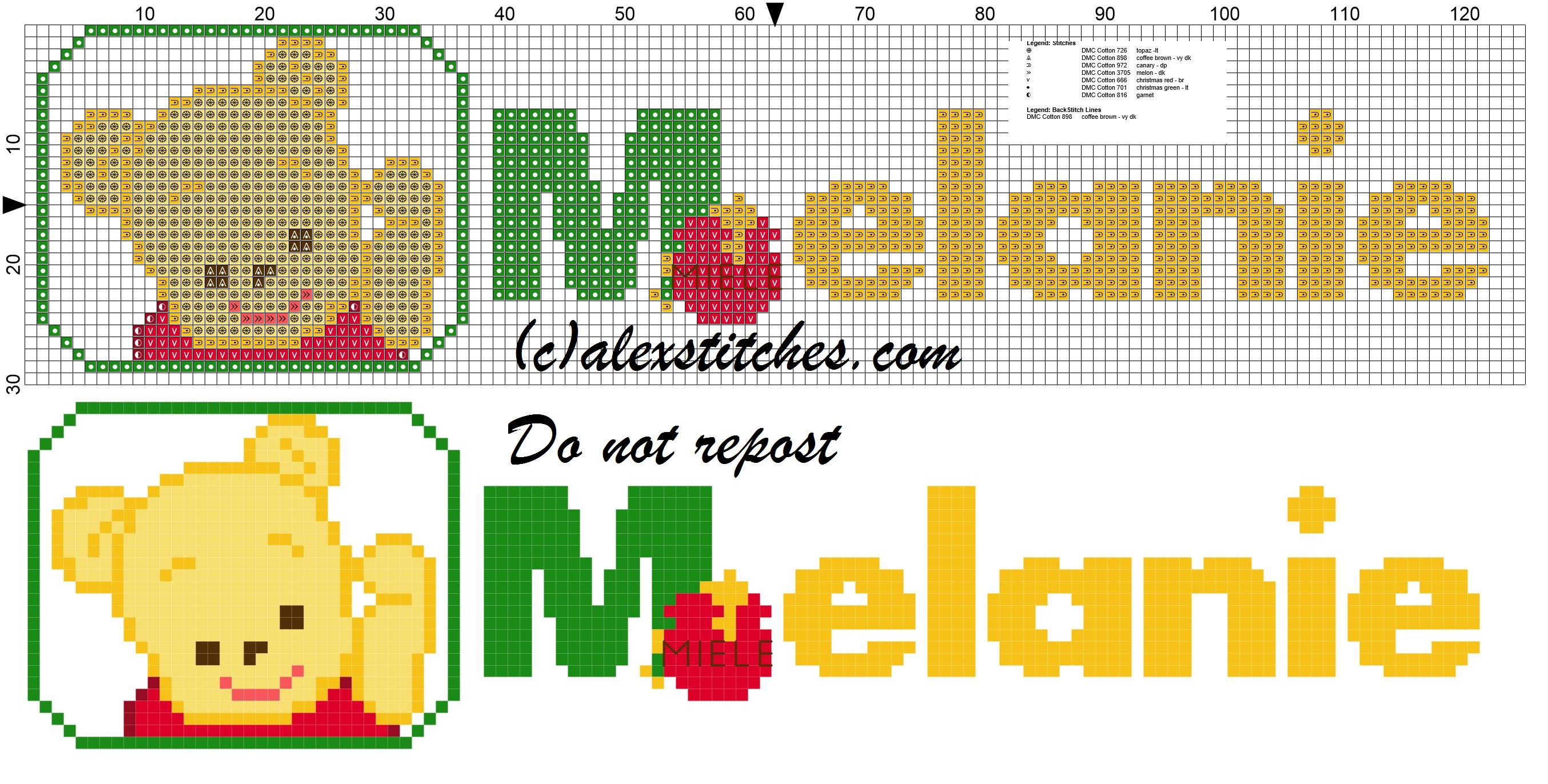 Melanie name with Baby winnie the pooh free cross stitches pattern
