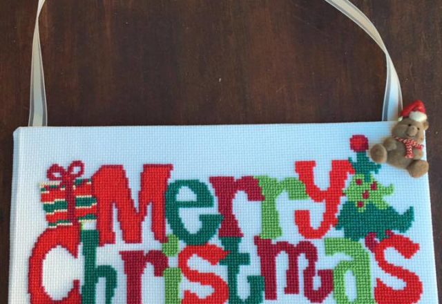 Merry Christmas text cross stitch work photo by Facebook Fan Tamie Dukes