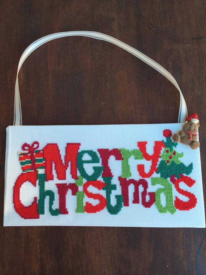 Merry Christmas text cross stitch work photo by Facebook Fan Tamie Dukes