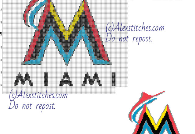 Miami Marlins free logo Major League Baseball (MLB) cross stitch pattern 100x97 5 colors