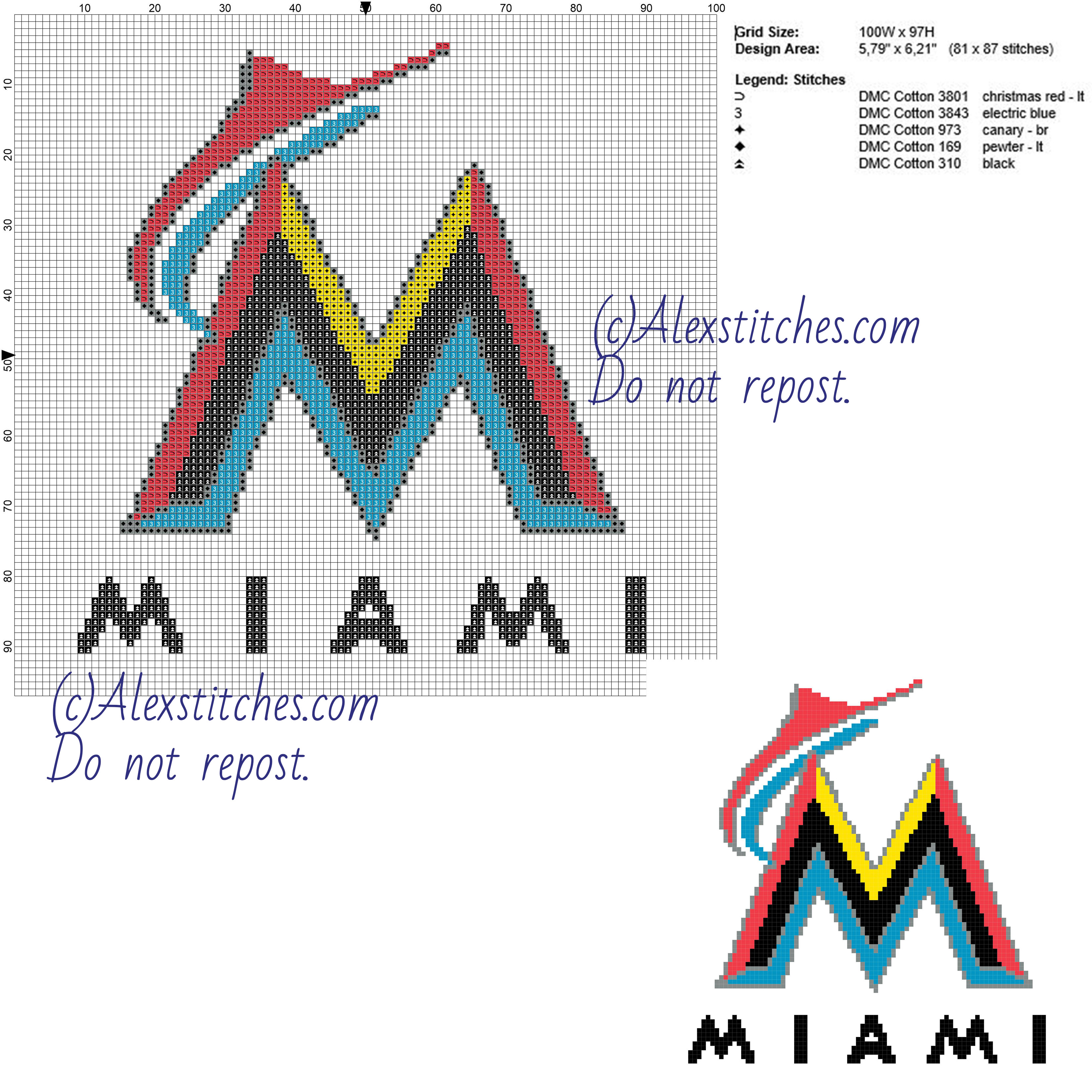 Miami Marlins free logo Major League Baseball (MLB) cross stitch pattern 100x97 5 colors