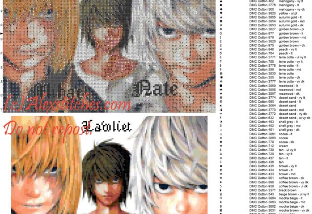 Mihael, Lawliet e Nate (Death Note) free cross stitch pattern 150x112 100 colors